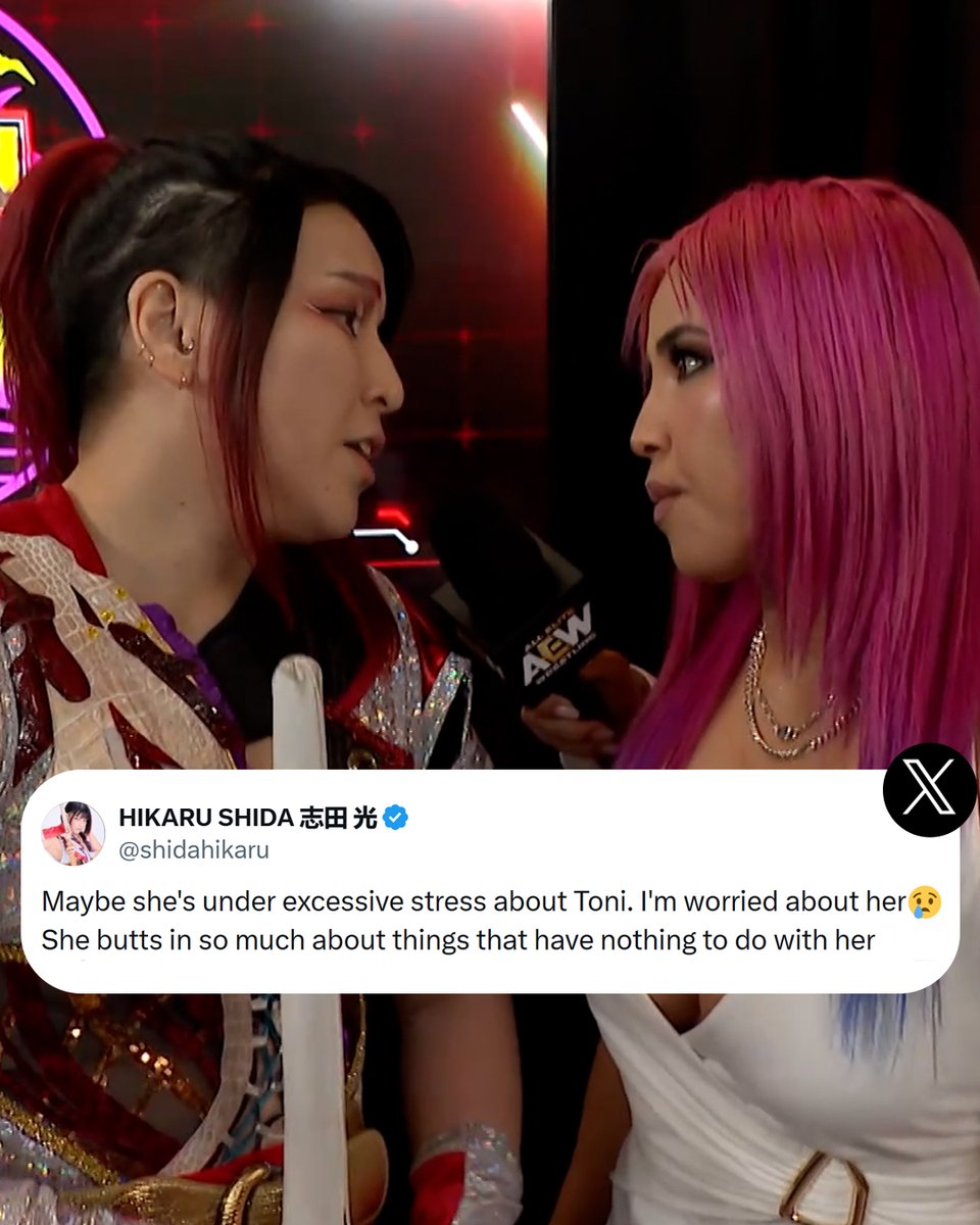 AEW's tweet image. Former AEW Women's World Champion @ShidaHikaru says she's worried about @MinaShirakawa, but she should be worried for their match on #AEWDynamite, THIS WEDNESDAY!