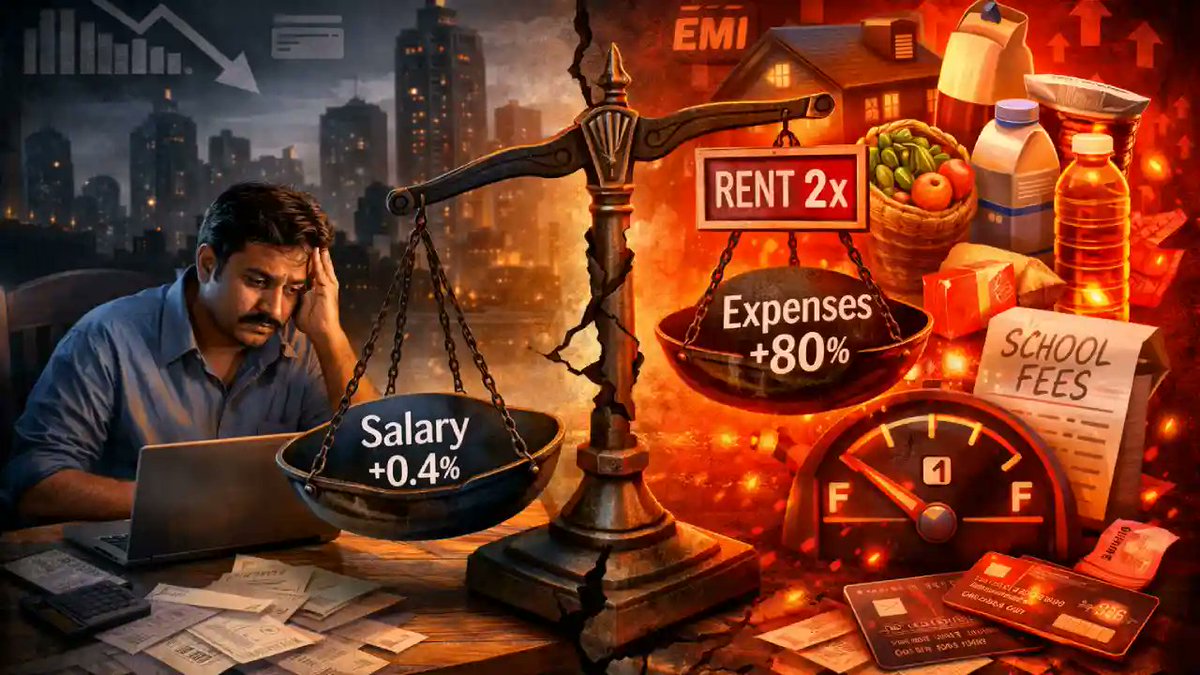 storyantra's tweet image. India’s middle class saw just 0.4% salary growth in a decade…
while essentials rose up to 80%.

This is the real crisis no one is talking about. 🧵
Read Full Story - storyantra.in/2026/04/why-yo…
#MiddleClass #SalaryCrisis