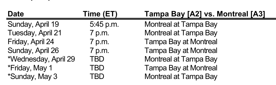 HabsInHighHeels's tweet photo. #Habs Round 1 Schedule ⤵️ https://t.co/FfGhxiwfy8