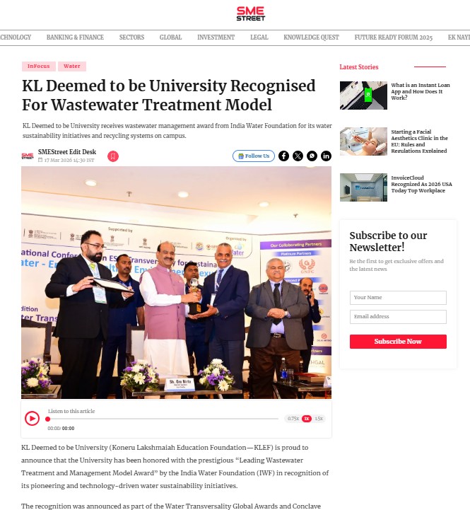 IndiaWaterFoun1's tweet photo. We are pleased to share that Koneru Lakshmaiah Education Foundation (#KLEF), Deemed to be University, was conferred the Leading Waste Water Treatment and Management Model Award at the Water Transversality Global Awards and Conclave 2026....know more https://t.co/frYISKfk5Y https://t.co/utOYfapxu6