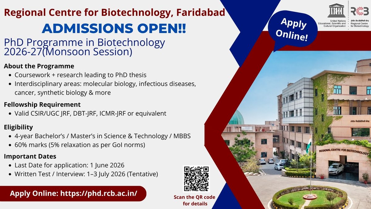 Admissions Alert 🚨 
<a href="/unescorcb/">RCB</a> -PhD Programme in Biotechnology 2026–27 

📋Apply: phd.rcb.ac.in

ℹ️ Details: rcb.res.in/files/2026-04/…

📧 Queries: rcbadmissions@rcb.res.in

<a href="/BricDbt/">BRIC DBT</a> <a href="/DBTIndia/">Department of Biotechnology</a> <a href="/ArvindK_Sahu/">Arvind K. Sahu</a> <a href="/Shivani38107628/">Shivani Vashist</a> 

#PhDAdmissions #Biotechnology