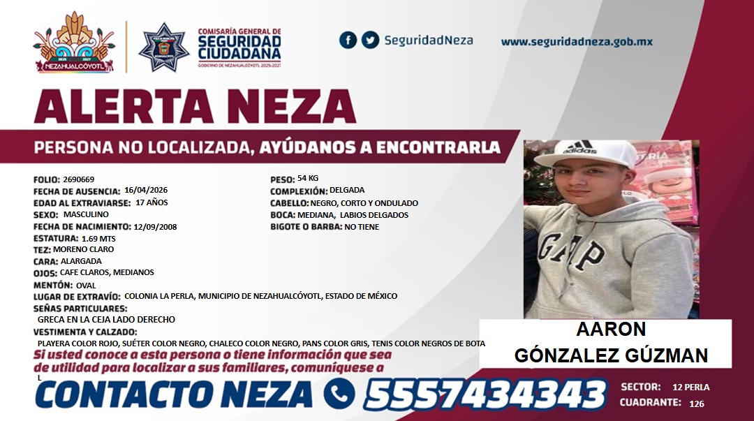 AlertaNeza's tweet image. ⚠️ #AlertaNeza | Tu ayuda es muy importante para localizar a #Aaron González Guzmán.

Cualquier información, comunícate al 📞 55 5743 4343.