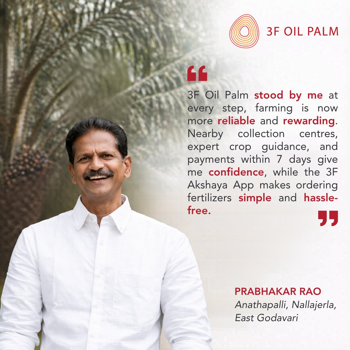 3foilpalm's tweet image. Behind every thriving farm is a confident farmer.

At 3F Oil Palm, we support farmers with expert guidance, easy access to inputs via the 3F Akshaya App, and timely payments that build trust.

When farmers grow with confidence, we all grow together.

#3FOilPalm #EmpoweringFarmers
