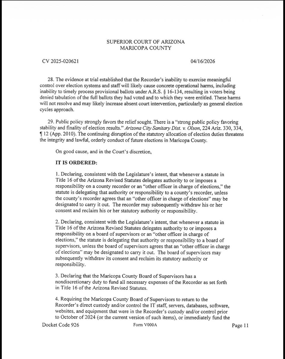 thestate48news's tweet photo. 🚨 The Maricopa BOS tried to take control of elections. The court just said NO.

A judge ruled the Board overstepped its authority and ordered everything handed back to the Recorder… systems, staff, and control.

This was a power grab and it just got shut down.

There is no way to spin this — HEAP WINS & the people of Maricopa who voted for him.

Orders:
✔️ Return IT systems + staff
✔️ Fund the Recorder’s office
✔️ Stop interfering

🔗in comments