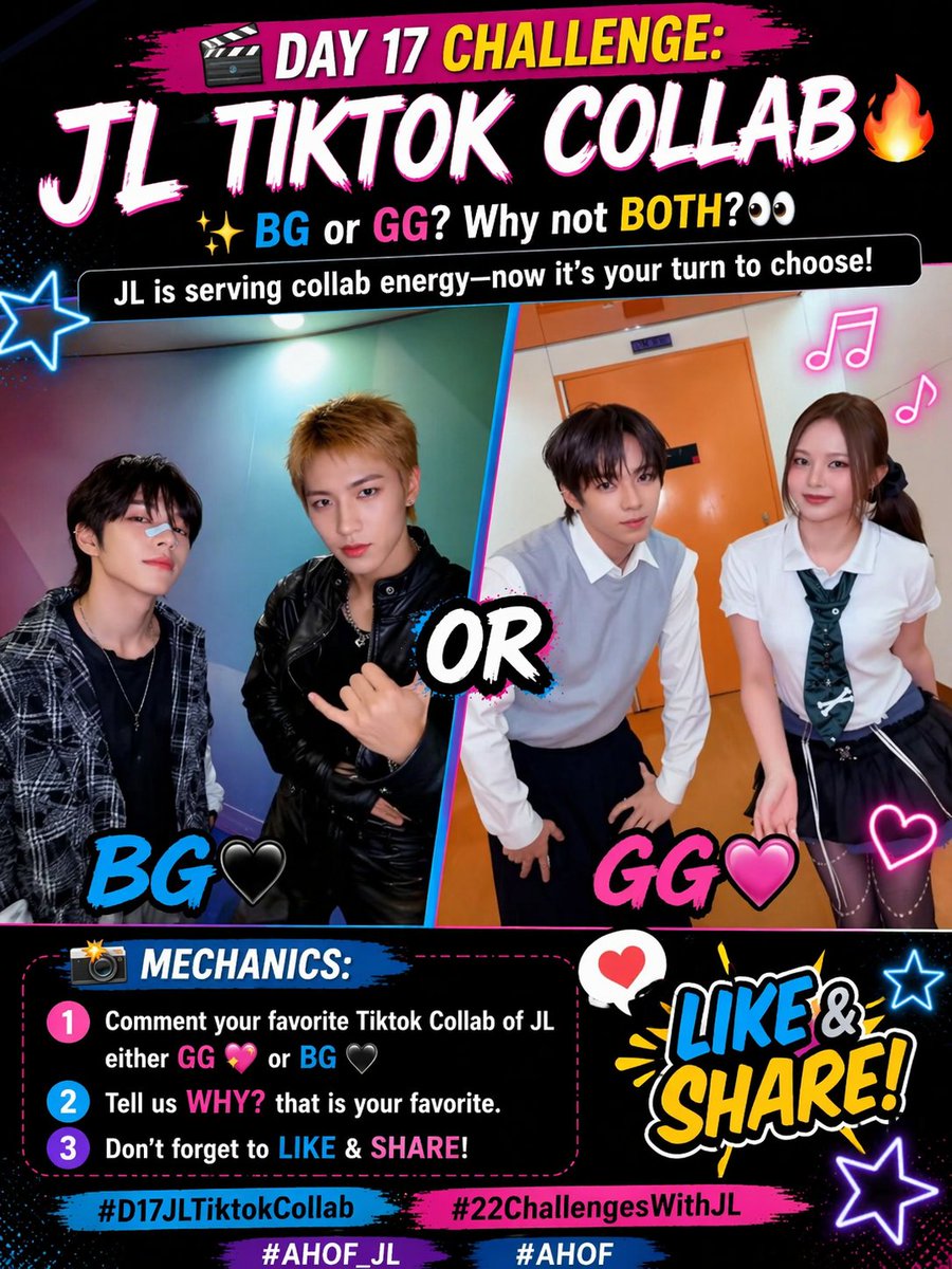 🎉 DAY 17 CHALLENGE: JL TIKTOK COLLAB 🔥

Read the mechanics below to join! 💙

1 lucky participant will win 1 TP QR album unsealed but complete OT8 pocas + ₱ 22.22 Gcash Prize! 🎁

#D17JLTiktokCollab
#22ChallengesWithJL
#AHOF_JL #AHOF