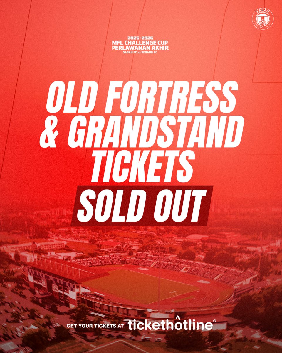 SabahFCofficial's tweet image. JUALAN TIKET ONLINE GRANDSTAND &amp;amp; OLD FORTRESS KINI SOLD OUT!

Hanya tiket PT Zone &amp;amp; Scoreboard sahaja yang masih available untuk jualan online. 

🎟️ Segera dapatkan tiket anda di tickethotline.com.my

#SabahFC #SabahMajuJaya #BangunlahBersatuSemua