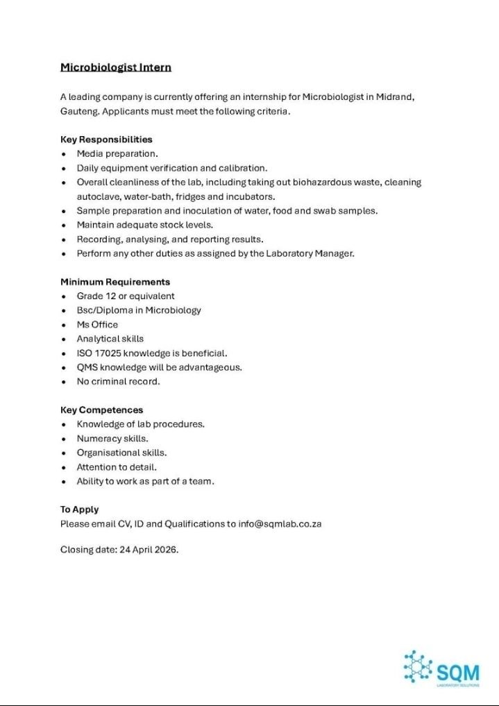 yuthconnect's tweet image. SQM Laboratory Solutions is #hiring
💼Microbiologist Intern
🎓Microbiology 
📍Midrand, GP