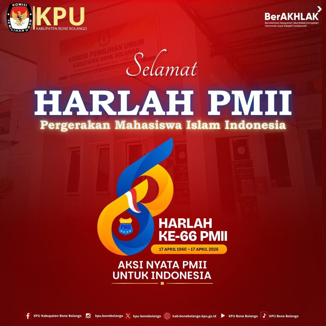 BonebolangoKpu's tweet photo. #TemanPemilih, 

Selamat Hari lahir PMII (Pergerakan Mahasiswa Islam Indonesia) ke 66 tahun, 17/04/2026.

Teruslah menjadi organisasi kader yang melahirkan insan berintegritas, berilmu, dan berakhlak, serta terus berkontribusi untuk kemajuan bangsa dan umat.

#KPUMelayani https://t.co/sZO6SRZYr0
