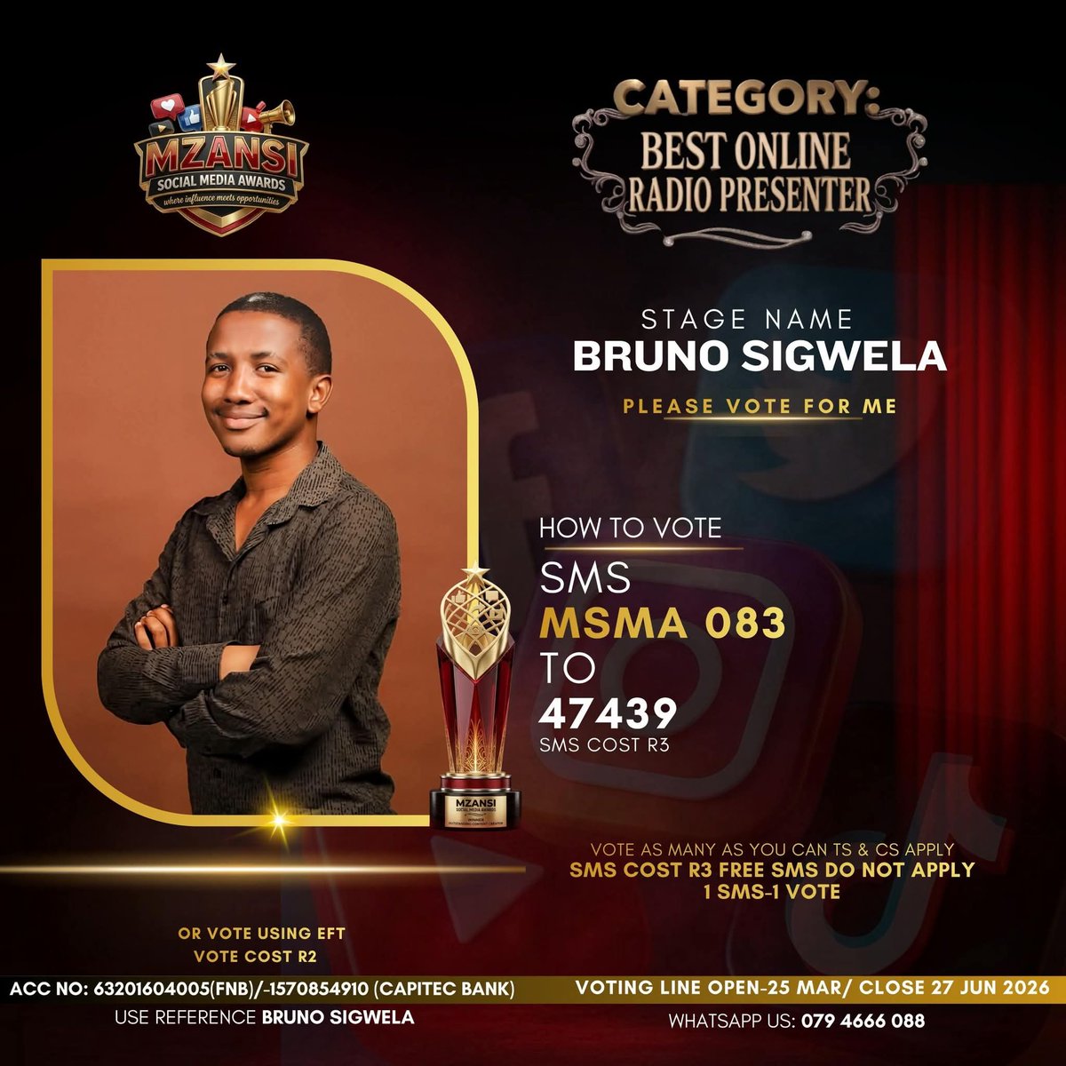 BrunoSigwela's tweet photo. Please keep on voting. I made it to the next round!!!
SMS MSMA 083
TO
47439
#BestOnlineRadioPresenter
#KingOfTalk #KumkaniYokuthetha https://t.co/31uZdVvv0A