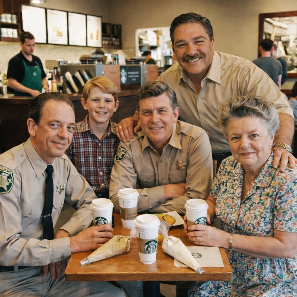 Well, this is awkward. Somehow the whole gang escaped Mayberry and 1963 and came forward to find me at a Starbucks in 2026. Andy's holding court like he owns the place, Barney's nervously eyeing the cold brew menu like it's some kind of foreign intelligence operation, Aunt Bee is