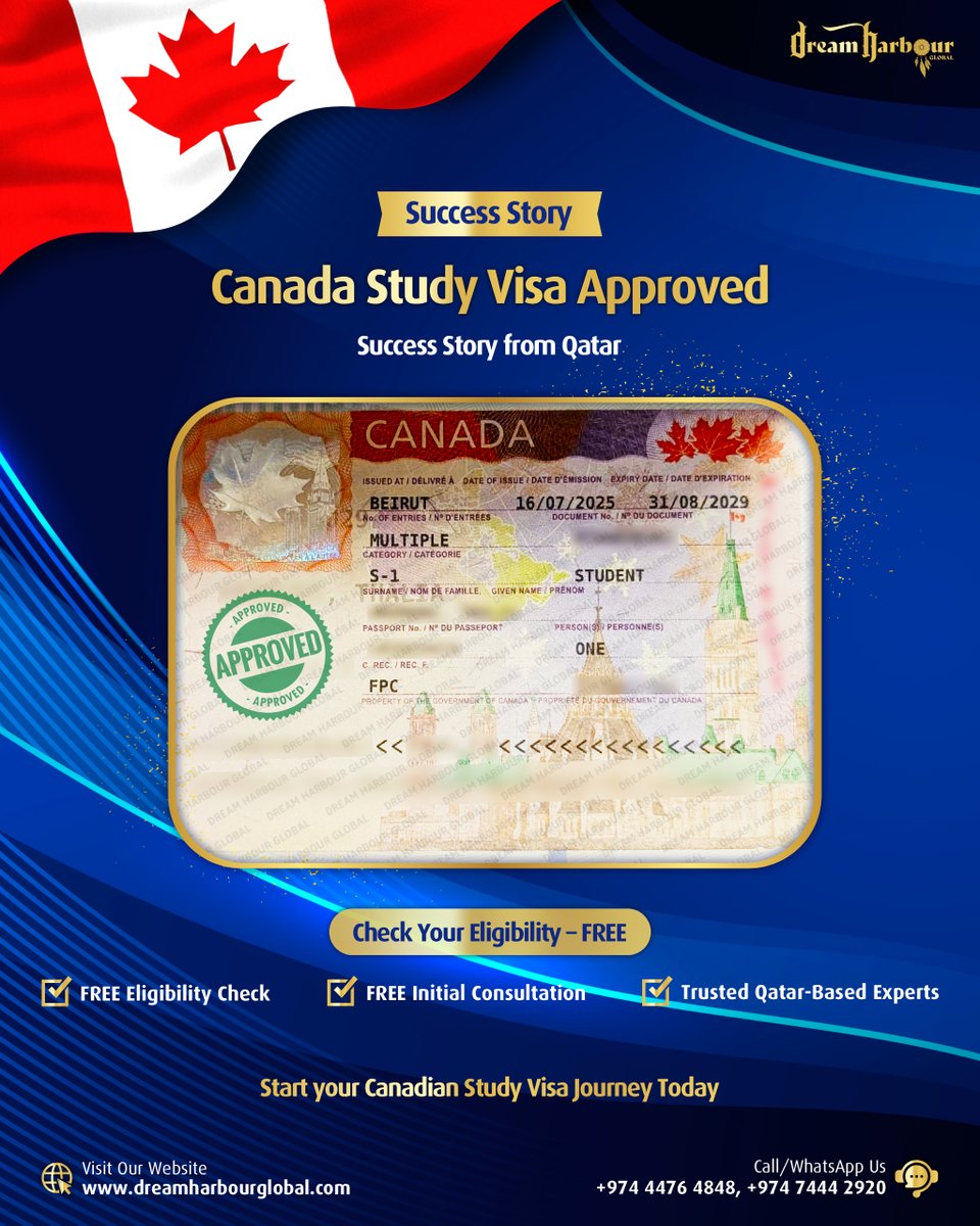 DreamHarbourG's tweet image. 🏆Success Story: Canada Study Visa Approved! ✅
🎉#Congratulations to our #Student #Visa client on receiving #Canada #StudyVisa #approval in #Qatar! 🌍✈️

📝 Apply Now for Free Eligibility Check+Consultation: zurl.co/axx4