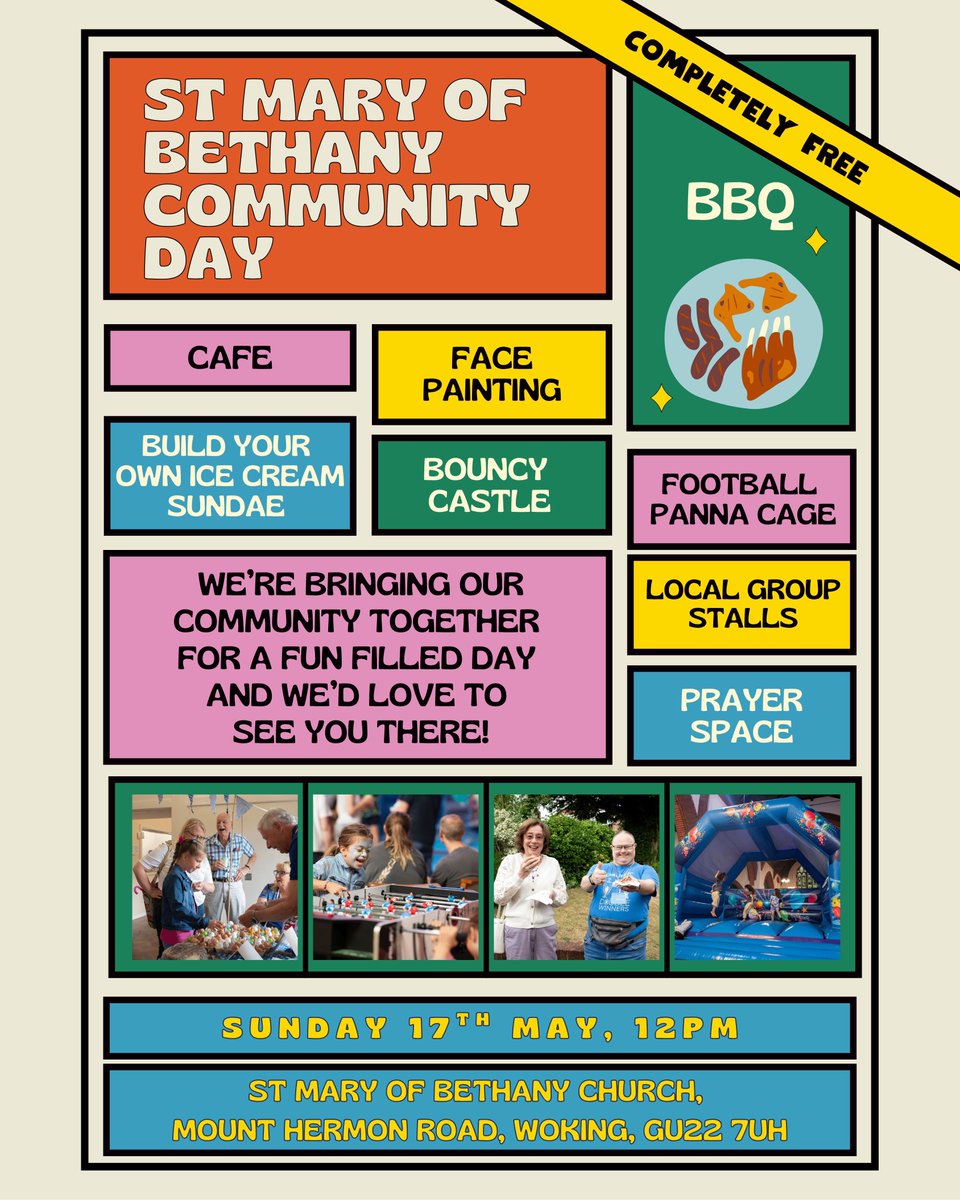 SMOBWoking's tweet photo. We’re bringing our community together for a fun filled day with something for everyone, from a bouncy castle, face painting, board games, a free BBQ, book-swap, quiet reading area and more. We hope to see you there! 

Community Day at St Mary of Bethany Church, Woking from 12pm! https://t.co/wdO5YoRepK