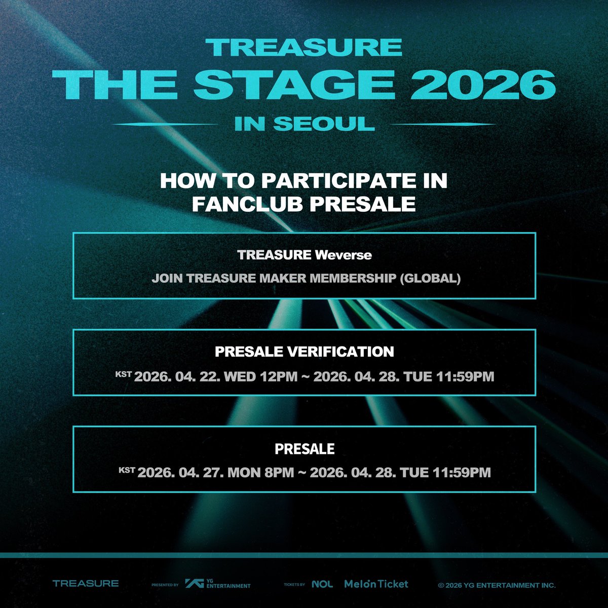 #TREASURE THE STAGE 2026 IN SEOUL 
선예매에 참여하실 TREASURE MAKER 분들께서는 
선예매 참여 방법과 기간을 확인하세요!

▶️ More Info
: weverse.io/treasure/notic…

#트레저 #THE_STAGE #SEOUL #YG