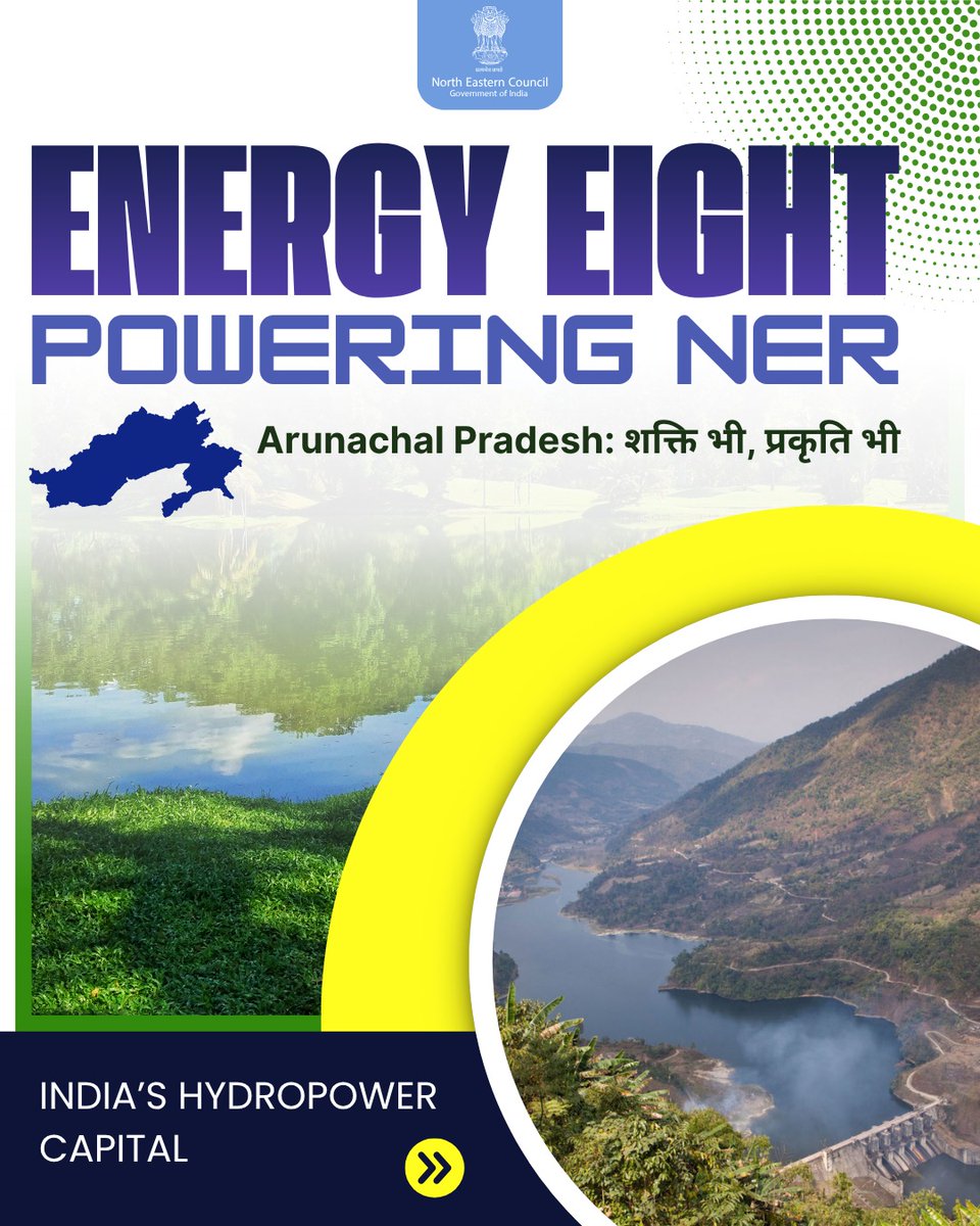 NEC_GoI's tweet image. Arunachal Pradesh — India’s Hydropower Capital ⚡💧
Harnessing nature to power a cleaner, brighter future.

#Hydropower #CleanEnergy #ArunachalPradesh