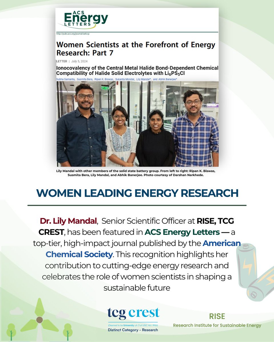 tcgcrestuniv's tweet image. Her work in advancing solid-state battery technologies—a critical frontier for next-generation energy storage continues to contribute to safer, high-performance, and sustainable energy solutions. Congratulations Dr. Mandal🔋🎉

#ResearchSpotlight #TCGCREST #SolidStateBatteries