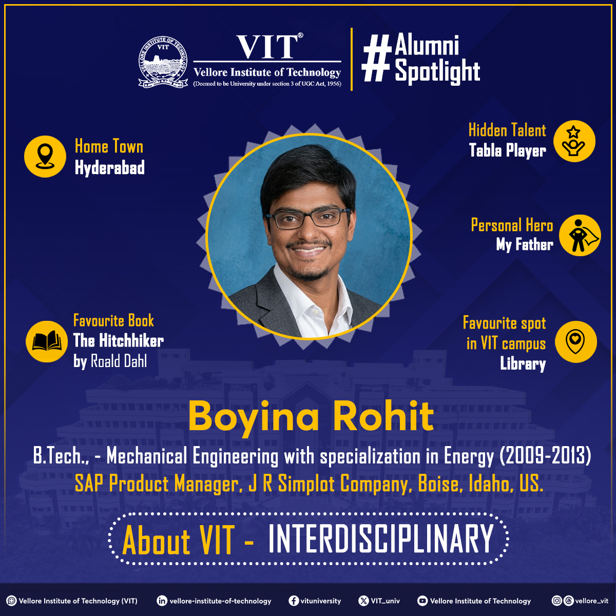 VIT_univ's tweet photo. This week's #AlumniSpotlight shines on Boyina Rohit currently serving as SAP Product Manager, J R Simplot Company, Boise, Idaho, USA.
@vit_alumni1984
#VITVellore #VITAlumni #MechanicalEngineering #EnergyEngineering #ClassOf2013 #JRSimplot #USA #EngineeringSuccess #VIT #VITAA https://t.co/kdsZZqCeZB