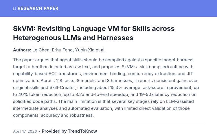 aitrendings's tweet image. SkVM: Revisiting Language VM for Skills across Heterogenous LLMs and Harnesses

👥 Le Chen, Erhu Feng, Yubin Xia &amp;amp; Haibo Chen

#AIResearch #MachineLearning #LLMs #SkillCompilation

🔗 trendtoknow.ai/paper-reviews/…