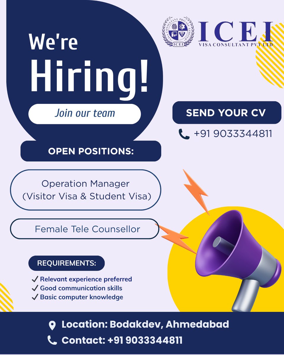 iceiabroadstudy's tweet image. We’re Hiring in Ahmedabad!
Looking for a stable job with growth?
Join a fast-growing visa consultancy team today.

👉Apply now!
📞 +919033344811
🌐 iceiabroadstudy.com
📩 iceigujarat@gmail.com.

#HiringNow #JobOpening #WeAreHiring #ApplyNow #ImmediateHiring
