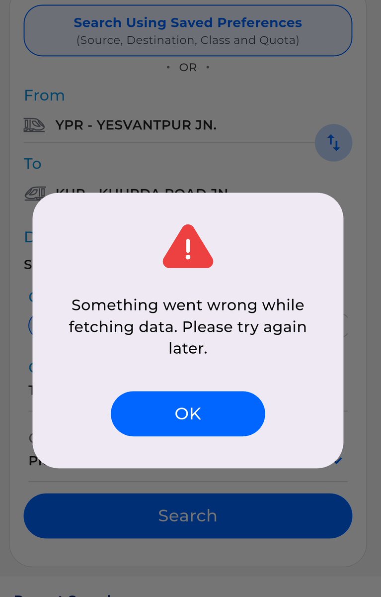 TechAnsuman's tweet photo. RailOne to IRCTC Website during Tatkal everytime same issue &amp; after 2-3 min it's showing all tickets in REGRET.

A #Scam going on nothing else. Common passengers only suffers, Railway staff's &amp; Officials easily getting EQs they never understood this.

@RailMinIndia @RailwaySeva https://t.co/0xtA0B3uEJ