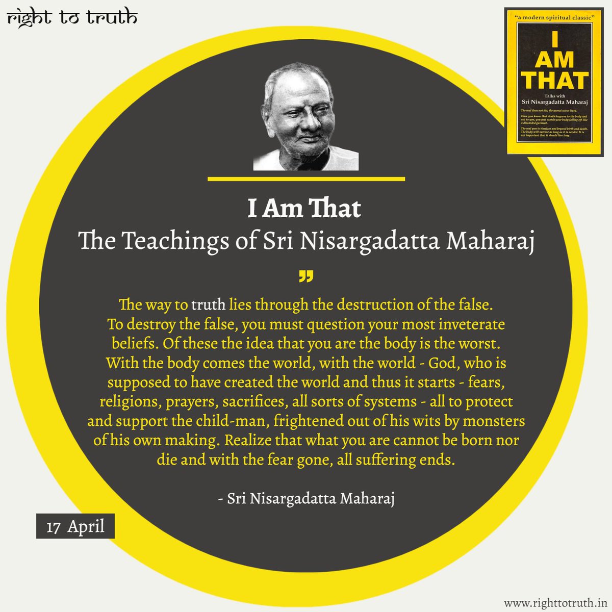 righttotruth_in's tweet photo. I Am That: The Teachings of Sri Nisargadatta Maharaj

Read:
https://t.co/u0kFXjAEQL

#SriNisargadattaMaharaj #IAmThat #AdvaitaVedanta #NonDuality #SelfRealization #Spirituality #Awakening #Truth #SelfInquiry #Mindfulness #SpiritualGrowth #Wisdom #Philosophy #RightToTruth https://t.co/6diZlEOlBv