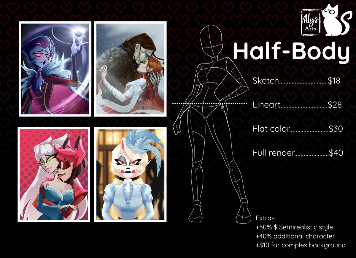 Alystania24's tweet image. COMMISSIONS OPEN! 7 slots only!
I do✅️:
• Multiple styles (Hazbin/Helluva, anime, TADC)
• Soft NSFW
• Ships / OC x Canon
• Slight gore

Won’t draw❌️:
• Explicit NSFW
• Hate / illegal content

#Commissionsopen #comms #hazbinhotel #charlastor #TADC #helluvaboss #commsopen