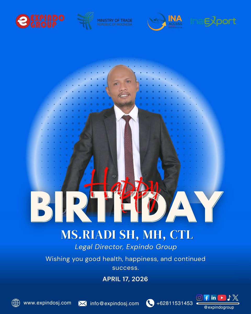 expindogroup's tweet image. Happy Birthday to Ms. Riadi, SH., MH., CTL 🎉

Wishing you continued success, good health, and greater achievements in your role as Legal Director of Expindo Group.
#expindogroup #happybirthday #qualityproducts #globaltrade #international