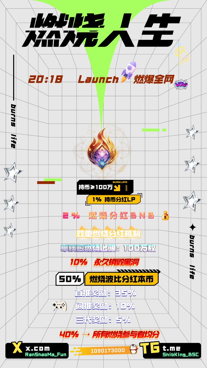 RanShaoMa_Fun's tweet photo. 🔥$燃烧人生｜通缩分红新范式🔥

⚙️买卖税点：3%

🔥2% 燃烧分红BNB

🌈双重燃烧分红机制

🔥单钱包燃烧上限：100万枚

• 10% → 永久销毁黑洞 · 强力通缩加持

该代币经济模型可参与9999次
参与燃烧总量99.99亿
销毁总量为9.999亿
币价可突破100U

• 50% → 燃烧波比分红本币🪙
✦ 直推奖励：35%
✦ 间推奖励：10%
✦ 三代奖励：5%

♻️推荐三人回本，三三裂变，三三复制，裂变10代团队破10万人

• 40% → 所有燃烧参与者均分
💥早期燃烧·单日可享10倍本币收益

💰持币躺赚·1% 持币分红

持币100万 · 解锁LP持续分红
解锁长期稳定被动收益

✨核心亮点

✅ 燃烧+分红+销毁 · 三重通缩闭环
✅燃烧获得永久矿机产币➕自动二层持币增持收益
✅ 多级推荐奖励 · 裂变收益拉满
✅ 大户LP加持 · 生态稳健增值
✅ 真正实现：越持越赚·越烧越强