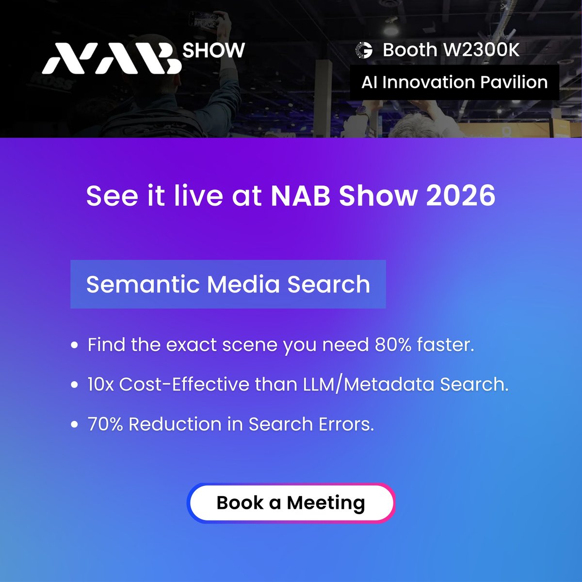 GyrusAI's tweet photo. AI that understands your videos. 🎬

With Semantic Media Search, just type what you’re looking for in natural language and jump straight to the moment.
See it live at @NABShow 2026 - Booth W2300K, AI Innovation Pavilion.

Book a demo 👇
https://t.co/JW4Tr5qE5R https://t.co/VJlCPTlRfG