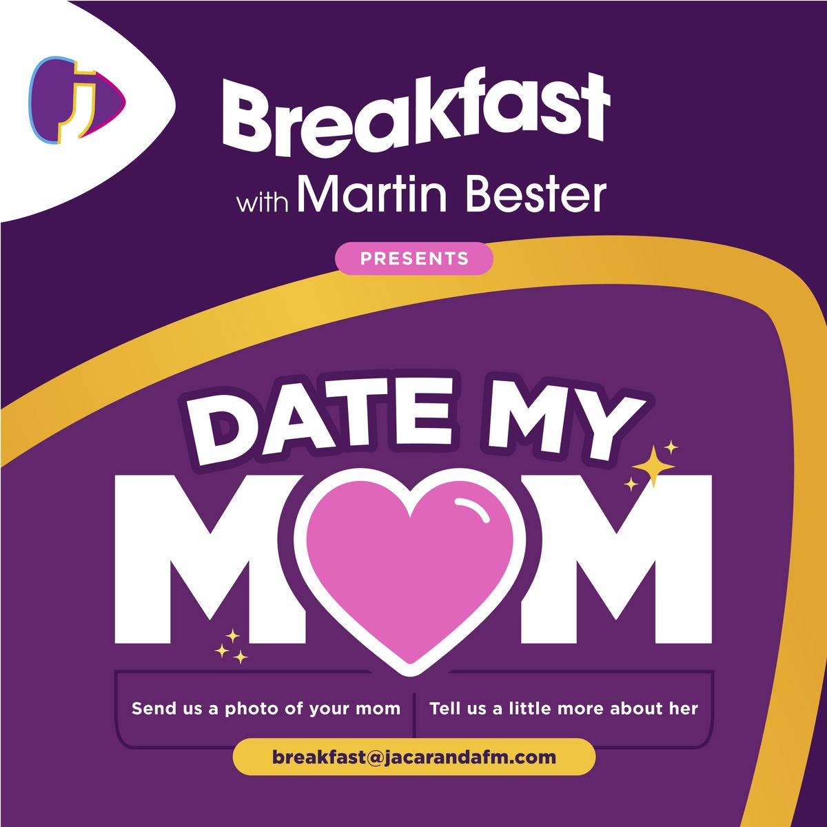 jacarandafm's tweet photo. Enter your mom for Date My Mom on Breakfast with Martin Bester 💜
Send an email to breakfast@jacarandafm.com!
More here: https://t.co/DdTrK1fEaY
#BreakfastWithMartinBester #MothersDay #DateMyMom https://t.co/42IWgLCIj4