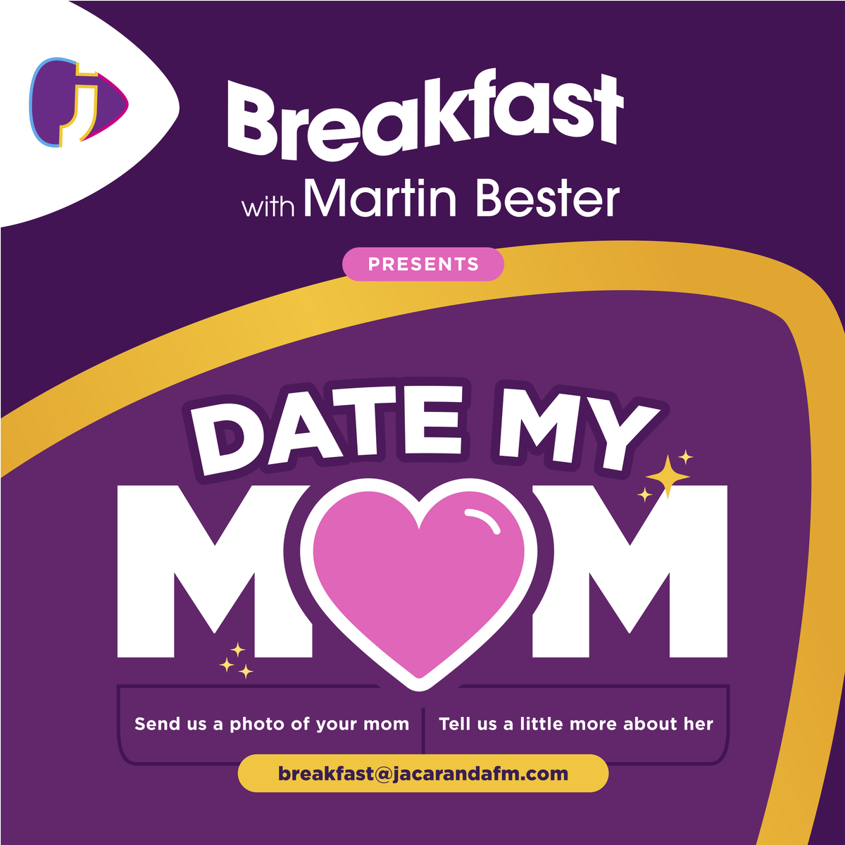 JacaBreakfast's tweet photo. Enter your mom for Date My Mom on Breakfast with Martin Bester 💜
Send an email to breakfast@jacarandafm.com!
More here: https://t.co/h6hWiSZTdA
#BreakfastWithMartinBester #MothersDay #DateMyMom https://t.co/vax68g2bRo