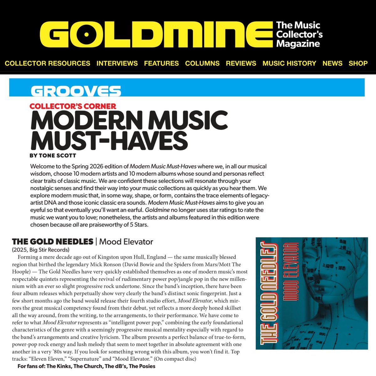 thegoldneedles's tweet image. Goldmine Magazine (print edition): "If you look for something wrong with this album, you won’t find it," writes TONE Scott of The Gold Needles' "Mood Elevator" (out now: orcd.co/goldneedles-...), naming it a "Modern Music Must-Have."👇
shop.goldminemag.com
#IndieRock