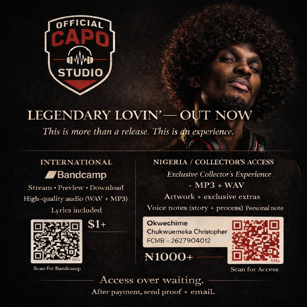 legendarydoncap's tweet image. LEGENDARY LOVIN’ — OUT NOW.

More than music. An experience.

🌍 Bandcamp (Intl)
Stream • Download • Lyrics
legendarydoncapo.bandcamp.com/track/legendar…

🇳🇬 Collector’s Access
MP3 + WAV • Extras
bit.ly/officialcapost…

From $1 / ₦1000+

Own it.

#LegendaryLovin #takeit ❤️🖤🤍