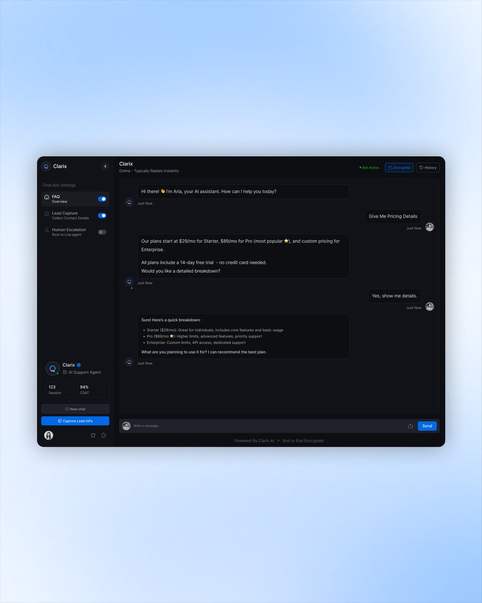 amilek_solution's tweet photo. 🌟 Redefining support with intelligent conversations 🤖

Clarix blends automation with thoughtful UX — turning complex workflows into seamless chat experiences ✅

#ChatbotDesign #AIUX #SaaS #UIUXDesign #ConversationalAI #ProductDesign #AIInterface #DesignThinking #Automation https://t.co/MjDj5WPN4w
