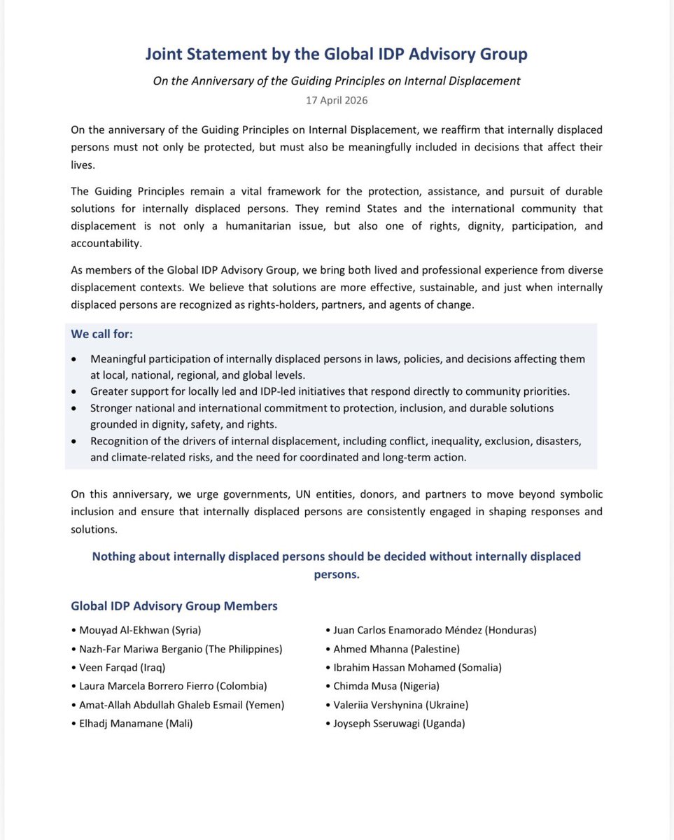 AkoBakwit's tweet image. Joint Statement of the Global IDP Advisory Group on the 28th Anniversary of the Guiding Principles on Internal Displacement.

#AkoBakwit #IDPs #bakwit #UNHCR