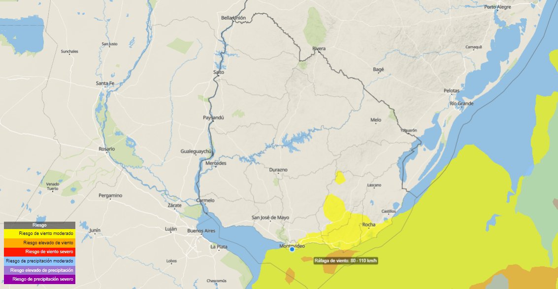 Profundizándose el sistema de baja presión 🌀 al Océano Atlántico. Las rachas señala el modelo con su #avisos Oficial lado izquierdo y Previsión lado derecho +80-110km/h para el viérnes 17| #Atención desde el sur al este: Montevideo, Canelones, Maldonado y Rocha. Veremos!