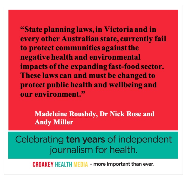 MelissaSweetDr's tweet photo. Planning laws need reform to help put the brakes on fast-food juggernaut – Croakey Health Media
https://t.co/YrnOJLJMuZ
#CommercialDeterminants
#PublicHealth
#HiAP https://t.co/PXhVQX8ezp