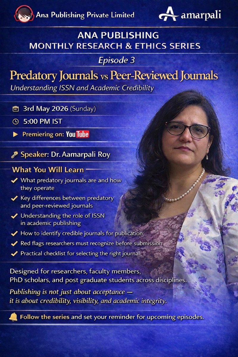 IDCjournal's tweet image. 🚨 Researchers &amp;amp; PhD Scholars — This is important
Are you publishing in the RIGHT journal?

🎓 Episode 3 Predatory Journals vs Peer-Reviewed Journals Understanding ISSN &amp;amp; Academic Credibility
🗓 3 May | 5 PM IST | YouTube
🎤 Dr. Aamarpali Roy
#ResearchEthics #AcademicPublishing