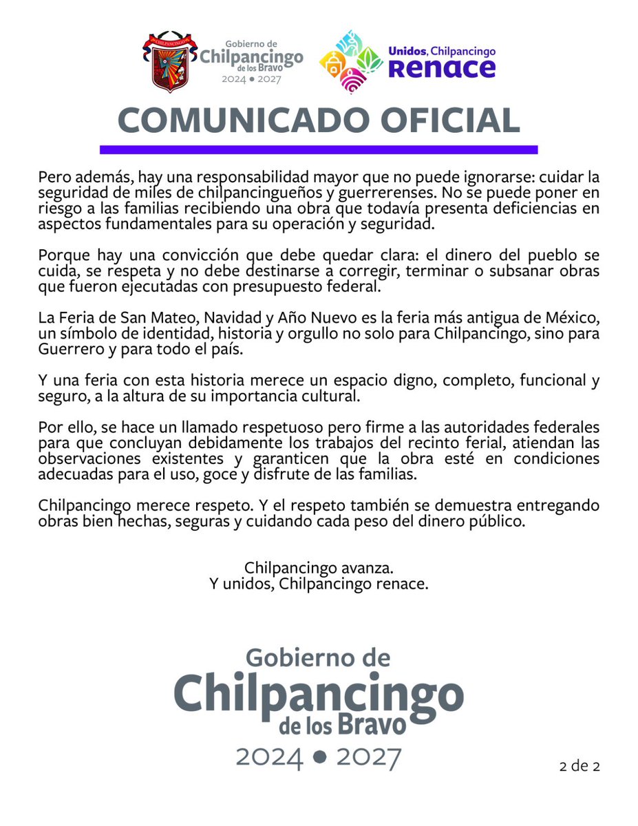 ChilpancingoGM's tweet photo. Chilpancingo fija postura: no se recibirán obras inseguras 🚧

En Chilpancingo de los Bravo
el recinto ferial presenta fallas estructurales

El Gobierno Municipal no aceptará la obra
en condiciones que pongan en riesgo a la gente

Se prioriza la seguridad
y el uso responsable del dinero público

Chilpancingo de los Bravo marca orden en obra pública ✅