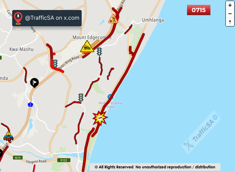 TrafficSA's tweet image. Durban -  Volume and Flow 
M4 Highway: #CRASH 
N2 South: Breakdown