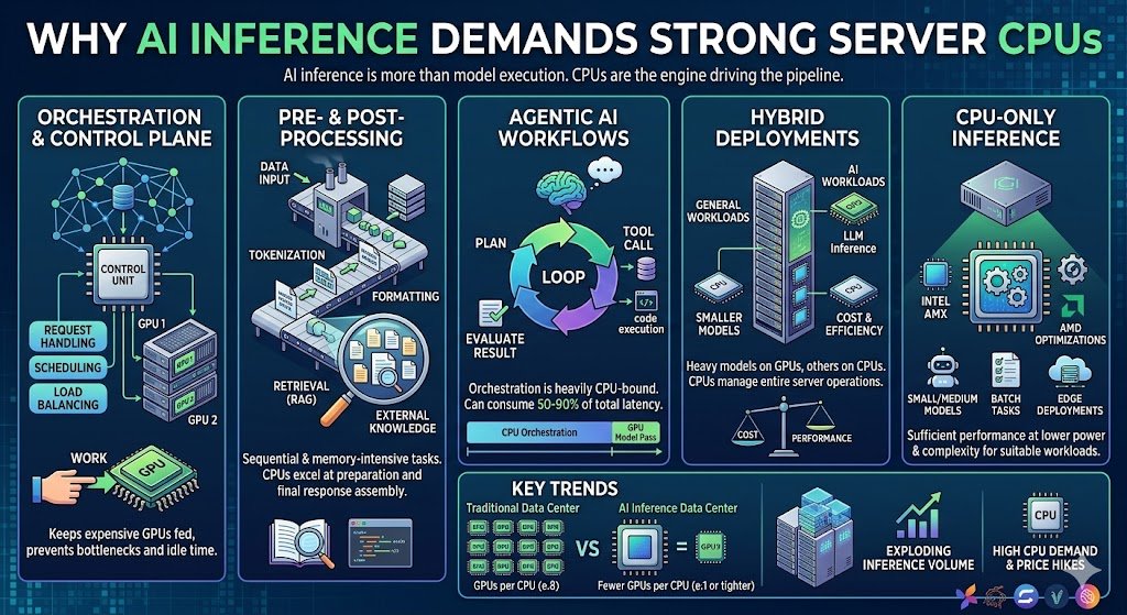 Infographic showing why AI inference demands strong server CPUs across orchestration, pre-processing, agentic workflows, hybrid deployments, and CPU-only inference