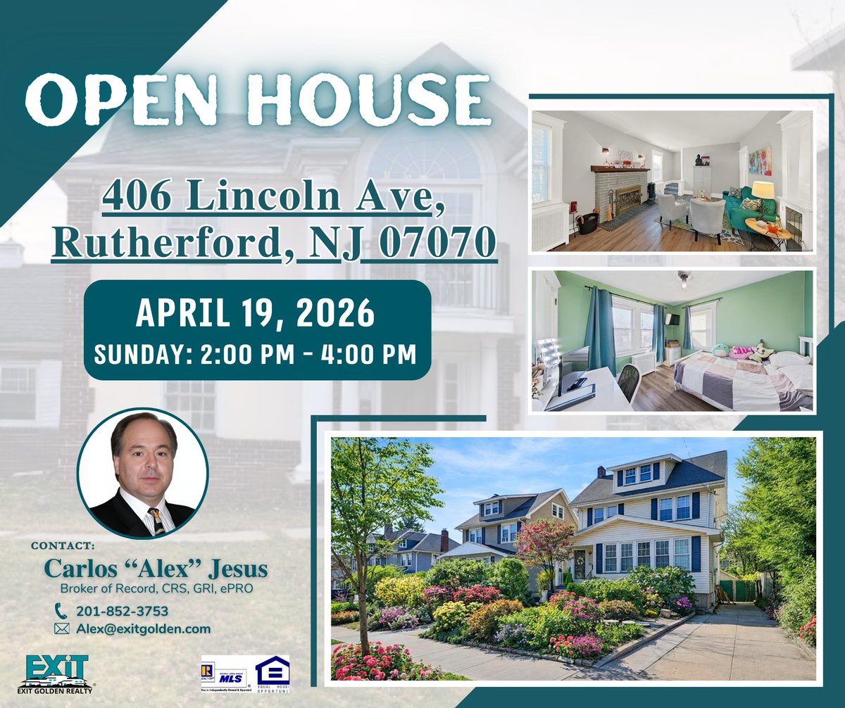 Open House

406 Lincoln Ave, Rutherford, NJ 07070

🗓 April 19, 2026
📍 Sunday: 2:00 pm - 4:00 pm
Broker of Record, CRS, GRI, ePRO: Carlos "Alex" Jesus
Cell: 201-852-3753

#ForSale #EXITGoldenRealtyGroup #buyersagent #njrealestate #dreamhome #njrealtor #njhomes #newjersey
