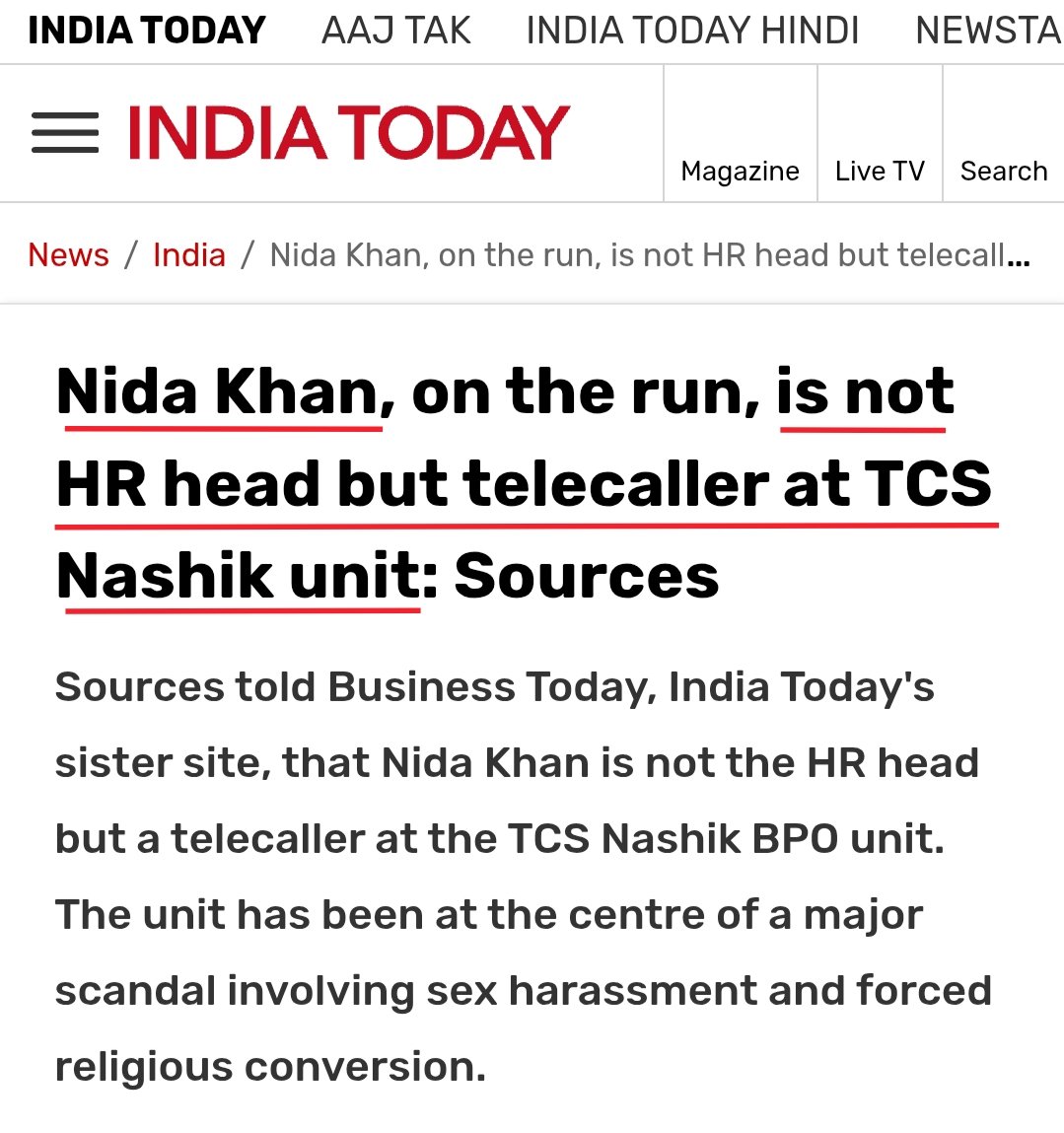 PunsterX's tweet photo. Interesting updates in Nashik TCS case:

All this while, Nida Khan's pic was all over. Media and SM were calling her 'dabang mem'/ the mastermind/kingpin.

She was said to be the the 'HR head' who ignored complaints.

But now, media sources say that she was just another telecaller at the BPO, and had nothing to do with HR.

Secondly, she is not 'absconding', but at home (according to her family).

Thirdly, her name is mentioned in only 1 out of 9 FIRs. And the accusation is that she discouraged the complainant (of that particular FIR) from filing a complaint.