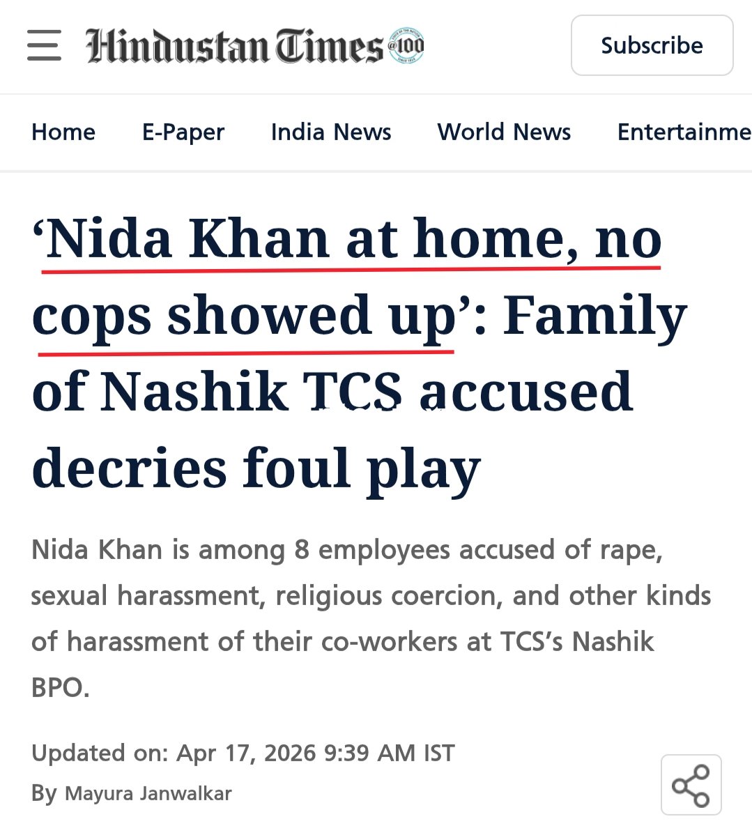 PunsterX's tweet photo. Interesting updates in Nashik TCS case:

All this while, Nida Khan's pic was all over. Media and SM were calling her 'dabang mem'/ the mastermind/kingpin.

She was said to be the the 'HR head' who ignored complaints.

But now, media sources say that she was just another telecaller at the BPO, and had nothing to do with HR.

Secondly, she is not 'absconding', but at home (according to her family).

Thirdly, her name is mentioned in only 1 out of 9 FIRs. And the accusation is that she discouraged the complainant (of that particular FIR) from filing a complaint.