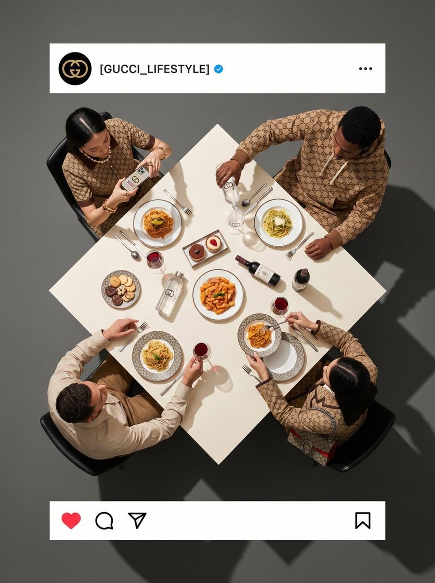 Goodmanprotocol's tweet photo. Gemini Nano Banana 2

Prompt:
Ultra-wide-angle hyper-realistic shooting in top-down mode. A group of 4 real people sitting at a square dining table. The camera is pushed far back, creating a significant negative space (empty floor area) around the people and the table, which provides a clear, minimalistic composition. Scene [ATMOSPHERE AND CLOTHING]: Four people are dressed in [STYLE OF CLOTHING]. Their interaction is specific: [DESCRIBE EACH PERSON'S ACTIONS]. The table is a custom-made physical prop, designed as an Instagram post: it has a solid white stripe ONLY along the top and bottom edges (no white frames on the left or right). - The upper white stripe shows a drawn profile photo with [LOGO DESCRIPTION], the username "[USERNAME]", followed by a small blue icon with a confirmed check mark, and "..." on the right. - Red hearts, comment and share icons are painted on the bottom white stripe on the left, and a Bookmarks icon on the right. The center of the table is filled in [THE EXACT COLOR OF THE CENTER and the hexadecimal CODE]. The table shows [FOOD ITEMS/ITEM DESCRIPTIONS]. important: ALL food, beverages, objects, and hands that interact with them must be located strictly within this central area, colored in [COLOR]. NOTHING should go beyond the white stripes or beyond the table. The background of the floor is made in [THE COLOR OF THE FLOOR] to create a visual separation. Professional studio lighting with clear shadows. 8k, clear focus.
