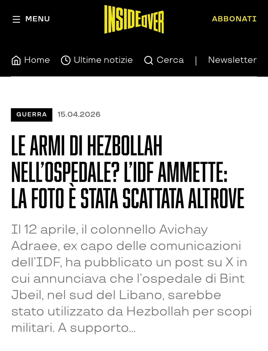 Le armi di Hezbollah nell’ospedale? L’IDF ammette: la foto è stata scattata altrove

Il 12 aprile, il colonnello Avichay Adraee, ex capo delle comunicazioni dell’IDF, ha pubblicato un post su X in cui annunciava che l’ospedale di Bint Jbeil, nel sud del Libano, sarebbe stato