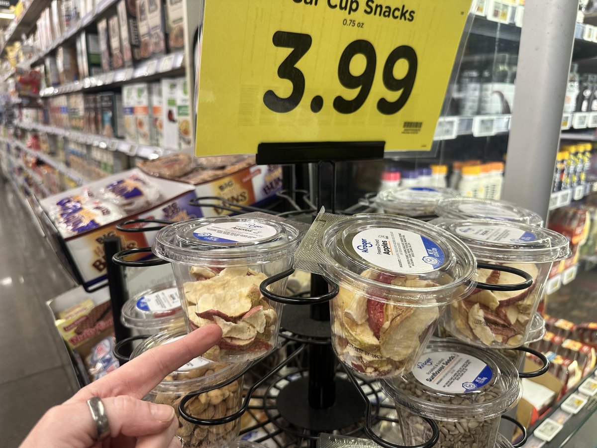 unsurrounded's tweet photo. Why TF does a half-filled, 0.75oz cup of dried apples cost $4? This is an example of corporate greed at its finest. I’ll take solace, though, that it’s not a digital price tag.
#unsustainable #TaxStrike @kroger https://t.co/vP4xP4rB6k