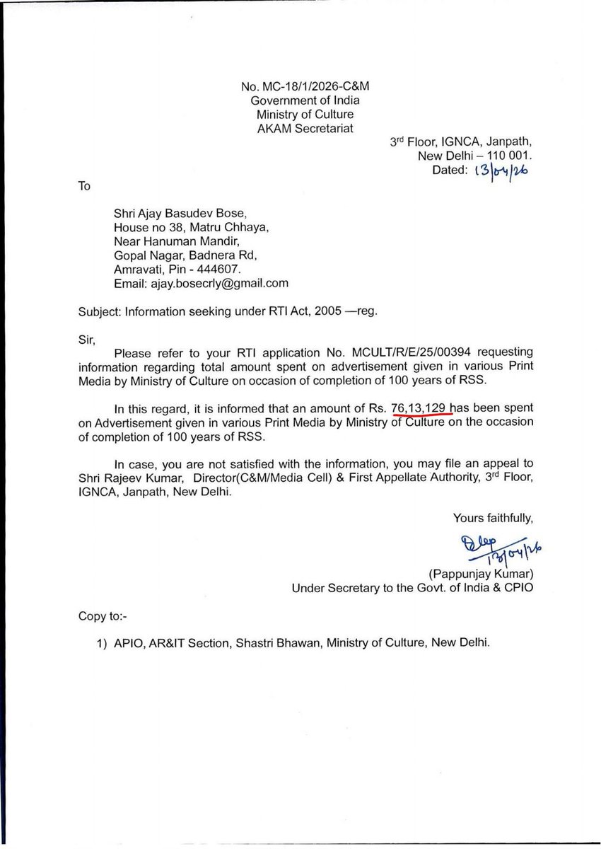 RituRathaur's tweet image. #Shocking RTI Exposé: Rs 76 Lakhs of Taxpayer Money Wasted on RSS’s Private Party!

RTI reply received from Ministry of Culture Govt of India shows Rs 76L,13K,129 spent on Advertisement in Print Media on occasion of 100 yrs of RSS, 

Everyone knows RSS is Not Registered body &amp;amp;