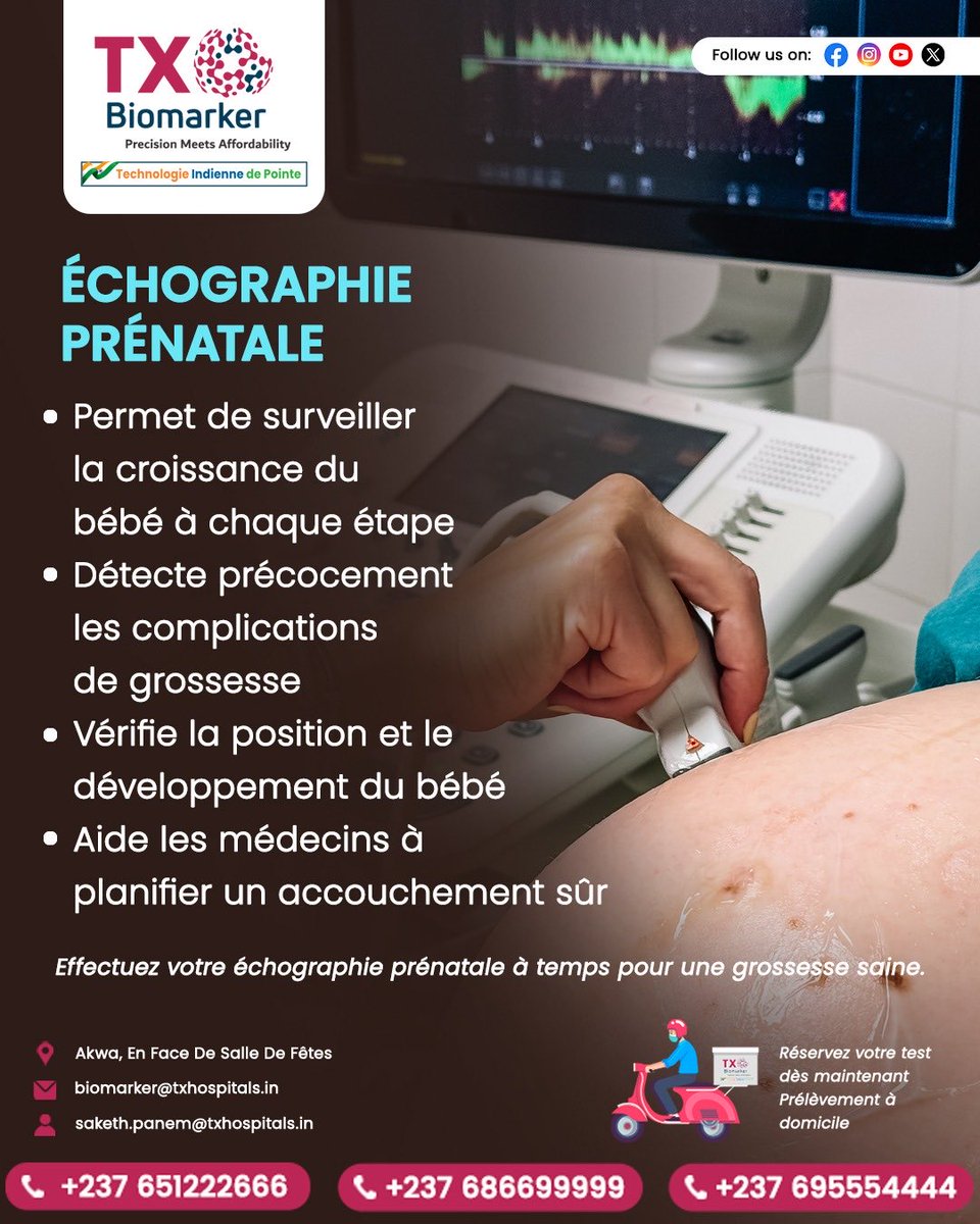 TxBiomarker's tweet photo. 🤰 Échographie prénatale : essentielle pour une grossesse sûre

📍 Akwa
📞 +237 651222666 | +237 686699999 | +237 695554444
✉️ biomarker@txhospitals.in | saketh.panem@txhospitals.in

#Grossesse #Echographie #PrenatalCare #TXBiomarker https://t.co/dxyrERIGgZ