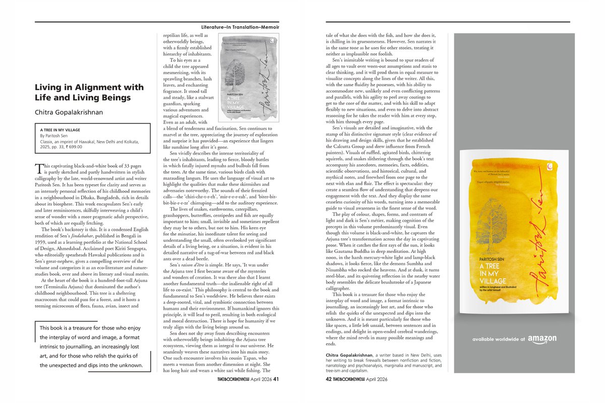 KiritiSKiriti's tweet image. A scintillating review of Paritosh Sen's A Tree In My Village, by the versatile writer and critic Chitra Gopalakrishnan, has been published in the April 2026 edition of The Book Review.

The book is available globally on Amazon.

#CLASSIX #Hawakal #ATreeInMyVillage #ParitoshSen