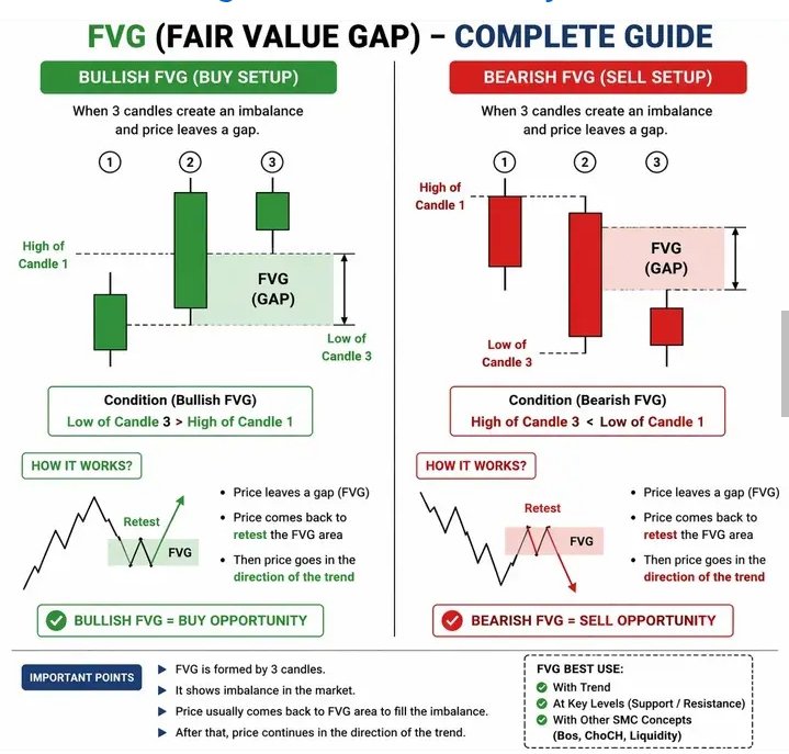 BedaKakuru48767's tweet photo. FVG CHEAT SHEET (VERY SHORT BULLETS)

BULLISH FVG (BUY)

 Candle 3 Low > Candle 1 High → Gap

 Price retests gap → goes up

BEARISH FVG (SELL

 Candle 3 High < Candle 1 Low → Gap

Price retests gap → goes down

HOW IT WORKS

Gap forms (imbalance)
 Retest → trend continues https://t.co/ofUELQVekD